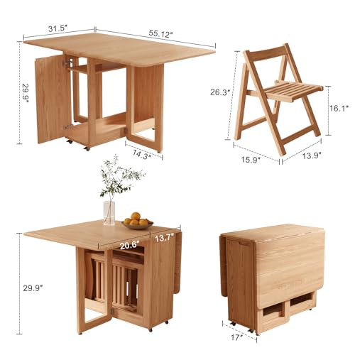 Image of AnywaysWood Folding Dining Table with 4 Foldable Chairs Set, Space Saving Extendable Solid Wood Drop Leaf Table for Kitchen Dining Living Room Small Spaces Easy Assembly (55.12 inchx31.5 inchx30 inch)