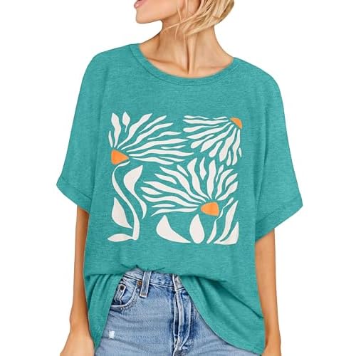 Oversized Tshirts for Women Summer Short Sleeve Casual Basic Tee Tops Loose Fit Shirts, Light Green Flower, S