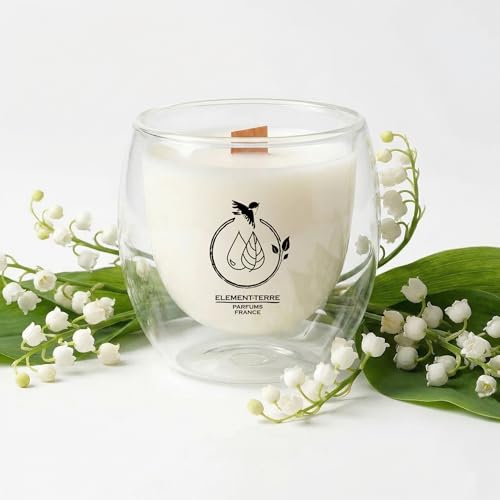 Element-Terre Bougie Parfumée, Verre Double Paroi, Mèche en Bois, MUGUET PORTE-BONHEUR, Parfums France