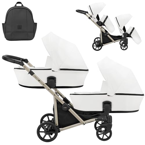Kunert BRAV DUO Cochecito Gemelar 2 en 1+Accesorios: Confort, Seguridad, Practicidad, Diseño Elegante y Funcional, Sistema Versátil, Estructura de Aluminio, Ligero, Polipiel Blanco/Negro