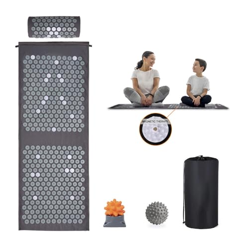 Loboo Idea XL Acupressure Mat and Pillow Set, Extra Long Yoga Acupressure Mat Set for Neck and Back Pain Relief, Stress Relief Gifts for Man and Women (Grey, Extra Large)