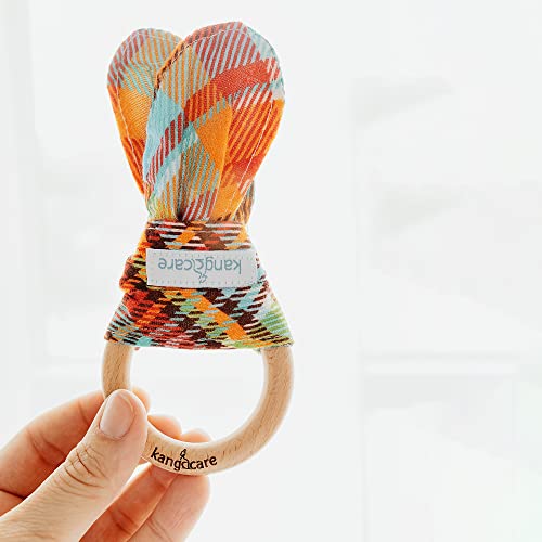 Image of Kanga Care Baby Soft Muslin Sensory Crinkle Bunny Ear Wood Teething Ring - Quinn Plaid