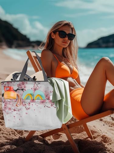 Beach Bags Women Mesh Tote Bag Watercolor Pink Cherry Blossom Toy Grocery Pool Bag with Pockets for Travel/Picnic/Shower4