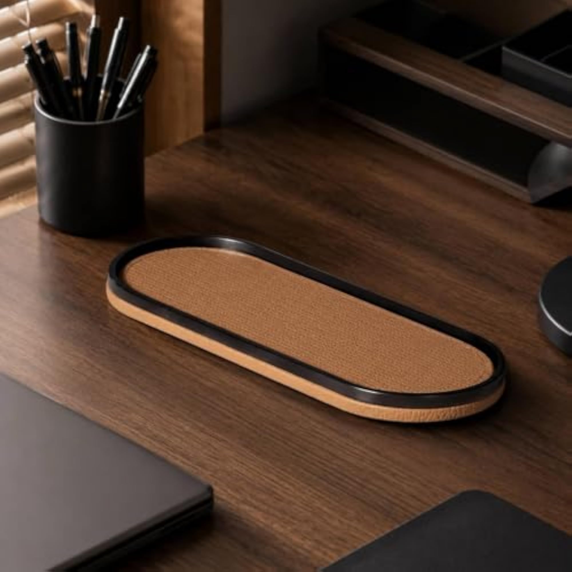 Slim Oval Leather and Metal Tray, Textured Bedside Decor