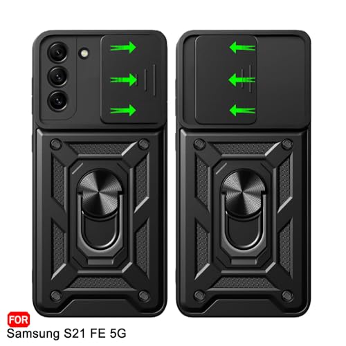 Image of TheGiftKart Tough Armor Bumper Back Cover Case for Samsung Galaxy S21 FE 5G | Ring Holder & Kickstand in-Built | 360 Protection Case Cover for Samsung S21 FE (PC & TPU, Sliding Camera Cover, Black)