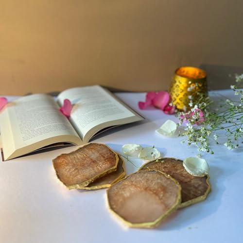 Image of Natural Agate Stone Tea Coasters Set | Premium Stone Coasters for Tea, Coffee & Glass | Heat Resistant Coasters for Dining Table, Office Desk & Home Decor | Pack of 4 | Color -Brown