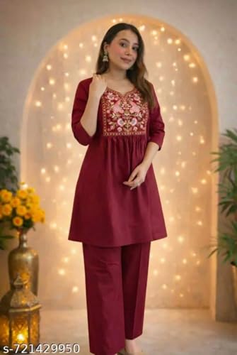 Image of Women's Rayon Embroidered Kurti with Pant Set | Floral Yoke Design | 3 /4 Sleeve Ethnic Co-Ord Set | Regular Fit Traditional Outfit