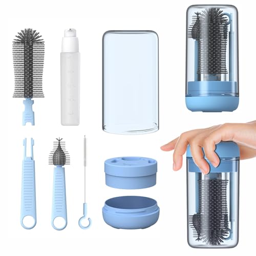 Dwuikwea Lot de 6 brosses à biberons portables 6 en 1 avec brosse à biberon en silicone, nettoyeur de tétons, brosse à paille, distributeur de savon, séchoir à linge et étui à récipients, idéal pour