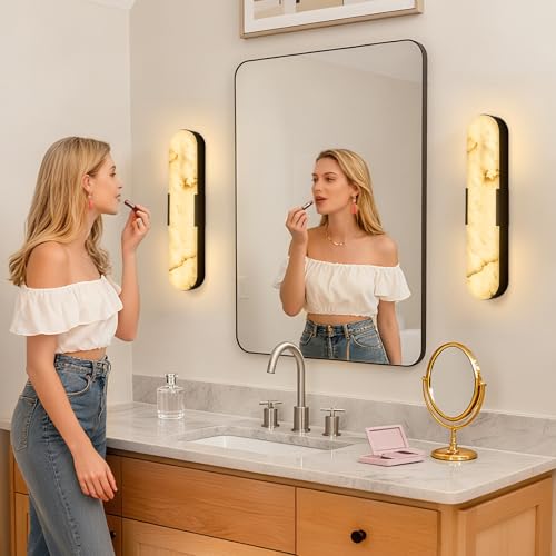 SMINGYINGZ Alabaster Wall Sconces, 20 in Wall Sconces Set of Two, Black Wall Sconce Indoor Modern Bathroom Natural Marble Wall Sconce for Living Room, Bedroom, Porch, Dining Room, Stairway by SMINGYINGZ - Used condition - Image 5