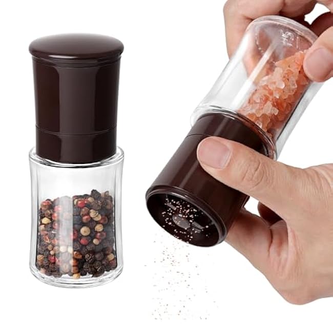Vzaahu Salt and Pepper Grinder Set Brown, Refillable Small Shakers, Adjustable Coarseness, Ceramic Burr, Peppermill, Kitchen Cooking
