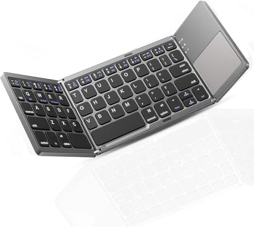 Image of Foldable Bluetooth Keyboard with Touchpad, Rechargeable Slim Travel Tri-Fold Wireless Portable Keyboard, for Tablet, Laptop Black and Silver FOLDPREM88