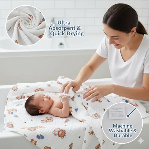 Image of Kassy Pop Muslin Cotton Bath Towel Cum Baby Swaddler | Extra Soft Towels for Newborn 0 to 3 Years l 100% Organic Cotton wash Towel | 105 X 105 cm (Bear Print)