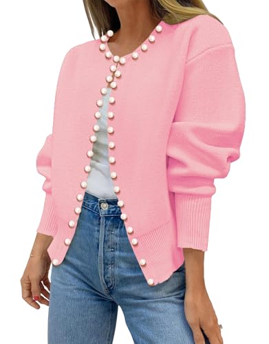 Kedera Pearl Trim Cardigan Spring Pink Sweater for Women Dressy 2025 Open Front Long Sleeve Beading Knit Outwear