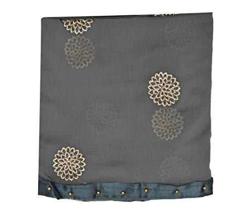 Image of YOUTHQUAKE Golden Floral Embroidery Work Chiffon Dupatta for Womens & Girls with Fancy Moti Lace