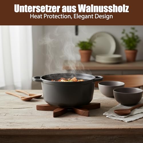 Untersetzer Holz, Topfuntersetzer Set in Walnuss, 4 Stück mit Ständer, Baum Design, für Tisch und Küche, Schutz vor Hitze und Kratzern