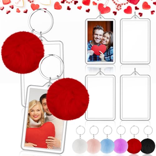 Image of Henoyso 6 Pack Acrylic Photo Keychains with Colorful Pom Poms, 2 x 3 Inch | Double Sided Acrylic Photo Keychains, Easy DIY for Back to School Students Gifts, Classroom Rewards,, Graduation Keepsakes