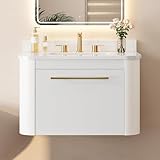 LIKIMIO 30' Bathroom Vanity with Sink, Floating Bathroom Vanity with 1 Drawer, Engineered Stone Countertop with Undermount Ceramic Sink, Wall Mounted Bathroom Vanity, Gold Handle, Easy Assembly, White