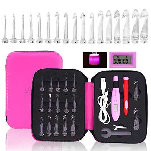 17 Sizes Counting Crochet Hook Set Digital 2.50~14.0mm,2 Levels Brightness Dimmable Light Up Crochet Hooks for Stitch & Row Counter,Beginner Knitting Kit with 17Interchangeable Crochet Hooks