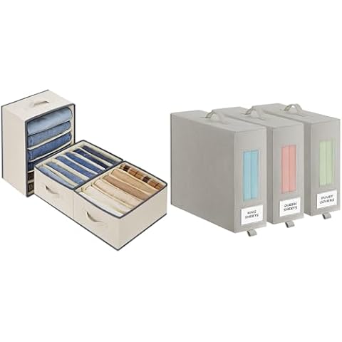 Baesyhom 3 Pcs Large Size Beige Wardrobe Clothes Organizers & 3 Pcs Grey Bed Sheet Organizers and Storage for Linen Closet with Handle, Foldable Cover