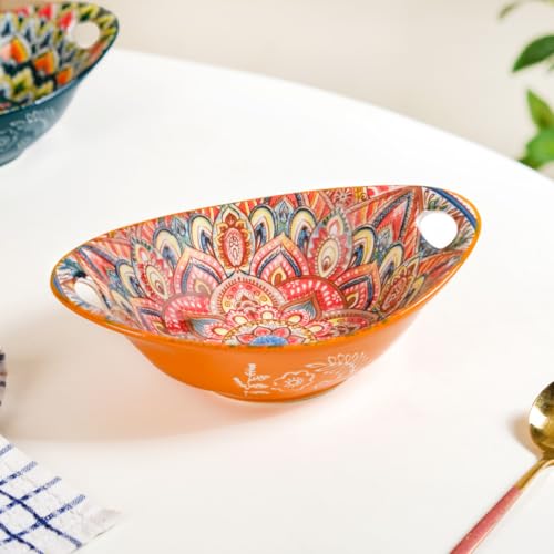 Image of Nestasia Mandala Ceramic Serving Bowl with Handles (400 ml) - Microwave & Dishwasher Safe Pasta Bowl | Floral Bowl with Glossy Finish - Ideal for Soup, Curries, Snacks, Salad & Noodles (Orange)
