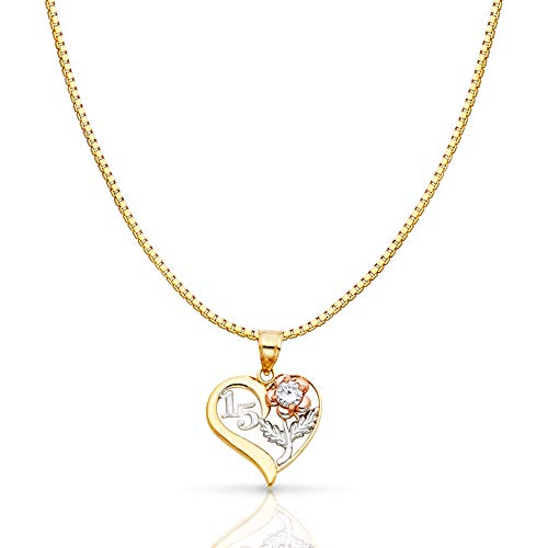14K Tri Color Gold Sweet 15 Years Quinceanera Heart Charm Pendant with 0.8mm Box Chain Necklace