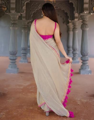 Image of SIRIL Women's Shimmer Net Lace Border Dual Tone Saree with Unstitched Blouse Piece
