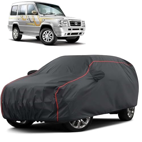 Image of Sulfar 100% Water Resistant Car Body Cover Compatible with Mirror for Tata Sumo Victa (Triple Stitched, Full Bottom Elastic, Dark Grey Taffeta with Red Piping)