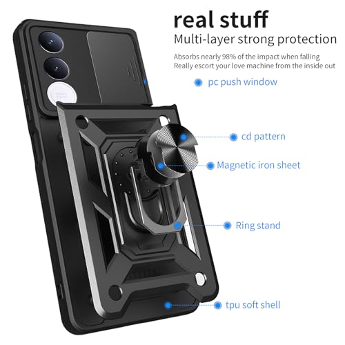 Image of Shockproof Back Case Cover for Vivo V70 FE 5G, Shockproof Vivo V70 FE Back Cover, Ring Case with Kickstand and Camera Protection Shutter - Black