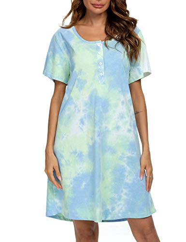 Image of ENJOYNIGHT Womens Short Sleeve Nightgown Tie Dye Nightshirt Nursing Sleepshirts Breastfeeding Sleep Dress