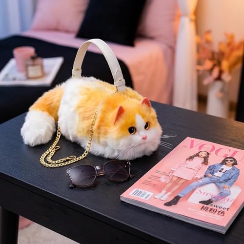 Image of Realistic Puffy Plush Cat Shaped Crossbody Handbag for Women