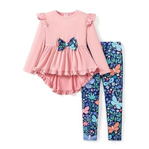 PATPAT Toddler Kids Girls 2Pcs Clothes Set Bowknot Design Ruffle Hem Long Sleeve Top and Floral Print Pant Outfits