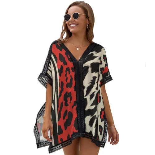 Pareo para Mujer, Cubre Traje De Baño Largo con Patchwork con Estampado De Leopardo Punk, Rayas Y2K Cubrebañador De Mangas Murciélago, Vestido Camisero De Playa De Verano con Aberturas Laterales