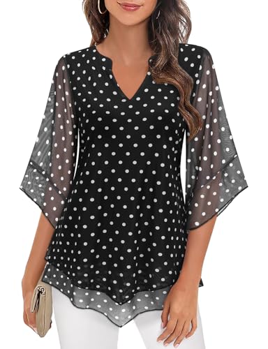 ACDAY Blusas para mujer, con volantes, manga 3/4, cuello en V, chifón, túnica de gasa de doble capa, camisas de malla fluida, Lunares negros, XXL