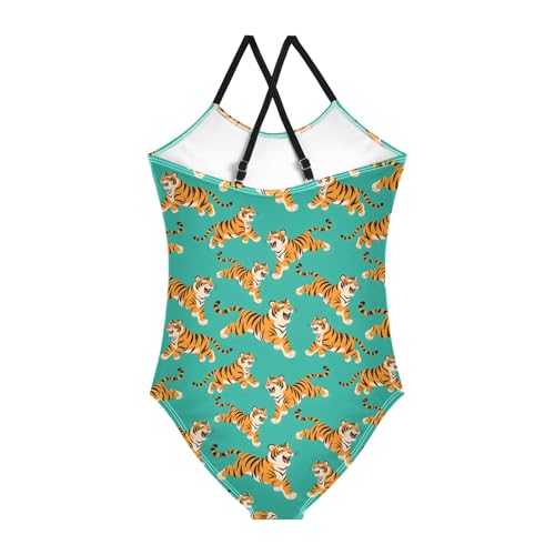 senya Girls Swimsuits One-Piece Swimwear Tie Bathing Suit Beach Summer Round Neck 9-10T Tiger Pattern2