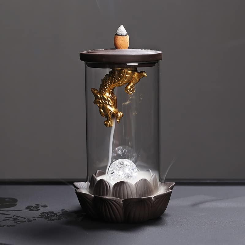 Miniatura 3 de Soporte de incienso de reflujo, quemador de incienso de cerámica hecho a mano, dragón dorado, con luz LED y cubierta acrílica resistente al viento,