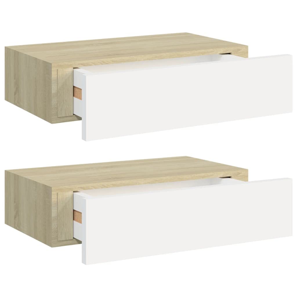 vidaXL 2x Wall Drawer Shelves Home Decor Living Room Furniture Wall Cabinet Shelf Floating Cabinet Shelving Ledges Unit MDF Oak and White — image 1