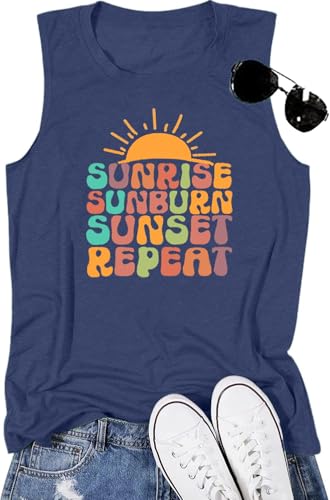 Sunrise Sunburn Sunset Repeat Tank Top for Women Summer Beach Sleeveless T Shirt Cute Graphic Vacation Tops-S (Navy Blue)