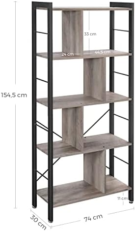 VASAGLE Bookshelf, Living Room Bookcase, Large 4-Tier Storage Shelf, for Office Study, Industrial Style, Easy Assembly, Steel Frame, Greige and Black LBC012B02