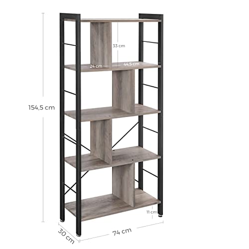 VASAGLE Bookshelf, Bookcase, 5 Tiers, Office Shelf, Open Shelf, Large, Metal Structure, Industrial Style, Heather Greige and Ink Black LBC012B02