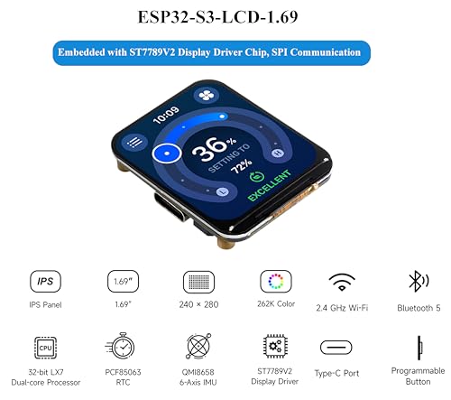 Image of ESP32-S3 Development Board with 1.69inch LCD IPS Display 240x280 Pixels 262K Color,USB Type-C Embedded ST7789V2 Display Driver, Accelerometer and Gyroscope Sensor, Support 2.4GHz W-i-F-i /Blue-too-th 5