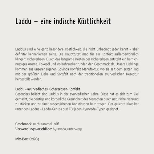 Govinda Bio Laddu Mixed-Box (6x 120g) | Indische Köstlichkeit | Ayurvedisches Kichererbsen-Konfekt | Vegan & Glutenfrei | 3 leckere Geschmacksrichtungen: Natur/Sesam/Kokos