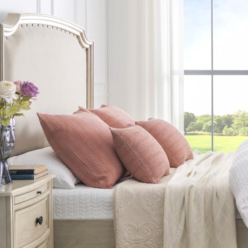 Image of 18x18 Throw Pillow Covers Set of 2 Boho Decorative Pillow Shams Stone Washed Cotton Pillowcase Waffle Square for Couch Sofa Chair Bed Car,Coral Pink