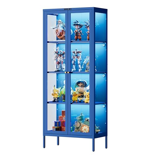 SteeLoong 66" Display Cabinet with Glass Doors,4-Tier Curio Cabinet with 8 Color Lights,Glass Cabinets with 3 Adjustable Shelves,Blue Display Case for Collectibles,Plant,Living Room,Assembly
