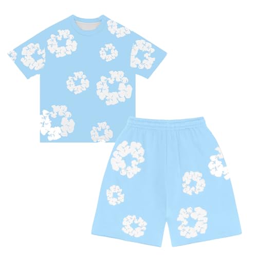 Jungen T-Shirt und Shorts Set 2 Teiliges Kinder Sommer Jogginganzug Y2K Kurzarm T-Shirts und Kurze Hose Zweiteiler Jungen Blumen Outfits Sportanzug Hip Hop Streetwear (Sky Blue, 6-7 Years)