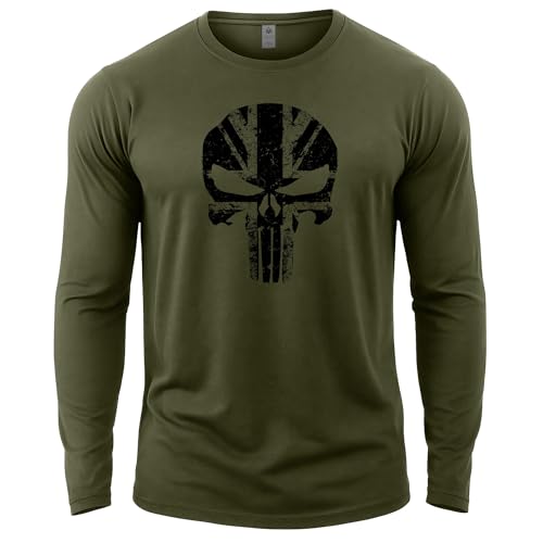 GYMTIER Skull UK - Men's Long Sleeve Gym T-Shirt - Training Bodybuilding Top, Military Green, XXL