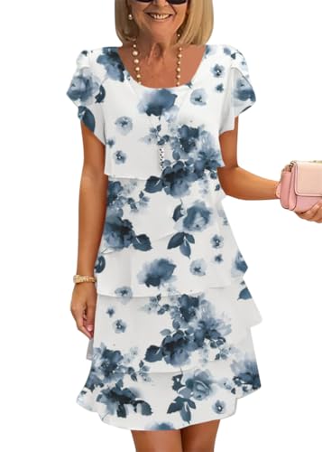 Onsoyours Femmes Été Robe en Mousseline Col Rond Élégante Robes De Soirée Fleurs Impression À Manches Courtes Volants Léger Et Respirant Mini Dress...