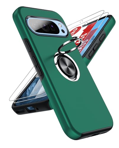 LeYi for Google Pixel 9 / Pixel 9 Pro Phone Case with 2 Tempered Glass Screen Protector and 360 Rotating Invisible Phone Ring Holder Shockproof Protection Cover for 9/9Pro - Green