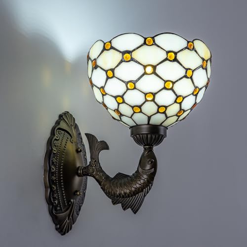 Image of Tiffany Style Wall Sconce White Amber Beads Stained Glass Lamp with 8-inch Lampshade for Bedroom Hallway Living Room Home Office