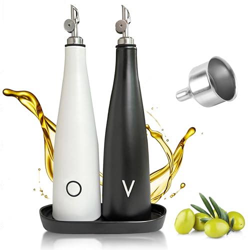 Ceramic Oil and Vinegar Dispenser Set with Silver Spouts, Modern Olive Oil Dispenser Bottle, Oil and Vinegar Cruet Set, Ceramic Olive Oil Container with Air-tight Leakproof Spout and Matching Tray