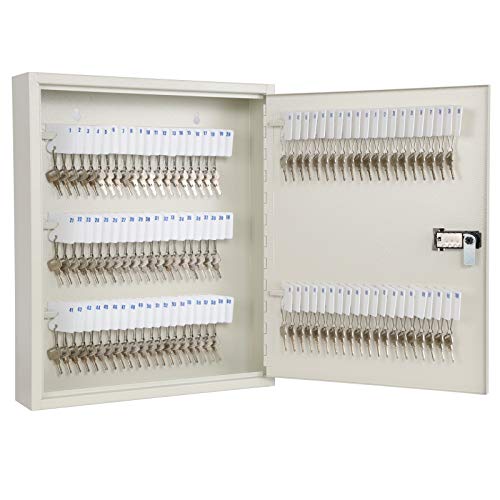 KYODOLED Key Storage Lock Box With Code, 100 Key Management Wall Mount Cabinet With Combination Lock, Key Hooks & Tags Labels (White)